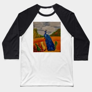 A peacock sitting on a wall in a garden looking over the gardens Baseball T-Shirt